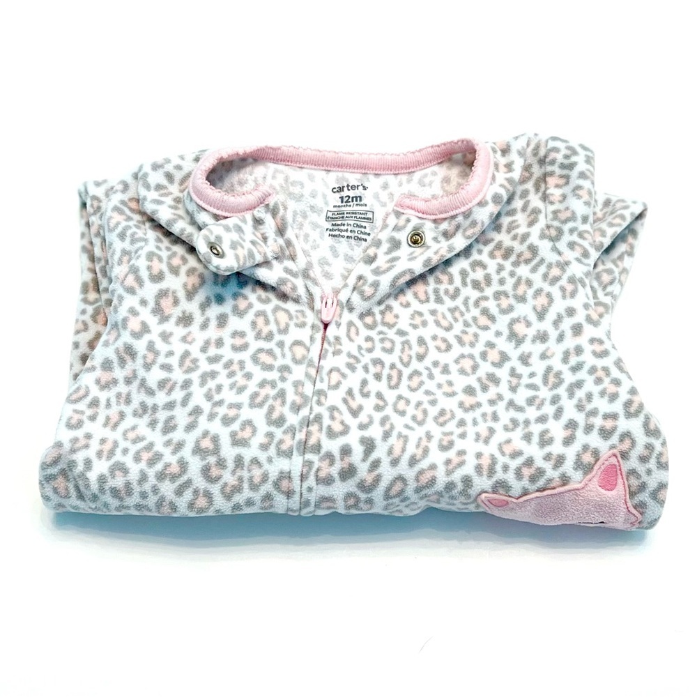 CARTER’S Fleece Pink & Gray Leopard w/Cat Print Footie BABY Girl Size 12 Months - Picture 2 of 3